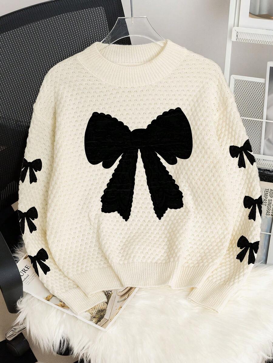 SHEIN Sparklyn Tween Girls Casual Bow Print Soft Sweater, Suitable For School, Party, Celebration In Autumn/Winter Bows On Clothes Sweater For Teen Girls Cute Sweater Sweater With Bows Bow Sweater Fall - White - View 1