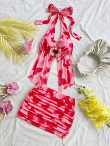 Soleia Bộ áo hai dây in họa tiết hoa giả và chân váy ngắn xếp ly cho nữ đi nghỉ mát, phong cách Boho, đi nghỉ - Hồng - Xem 4