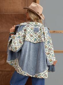 EMERY ROSE Women's Floral Print Drop Shoulder Long Sleeve Single-Breasted Casual Denim Jacket - Blue - View 1