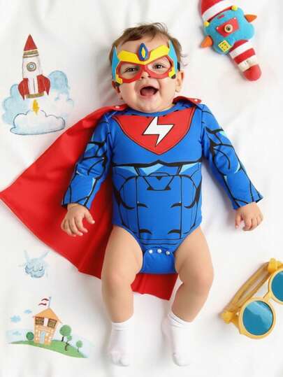 2 pièces/set Barboteuse et cape de super-héros imprimée pour bébé garçon/fille unisexe nouveau-né/tout-petit 0-3 ans, costume mignon pour anniversaire, séance photo de vacances, convient à toutes les saisons