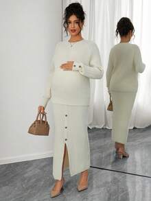 Momance 女士宽松圆领插肩袖套头毛衣和高开衩仿纽扣毛衣半裙套装，休闲孕妇针织衫套装