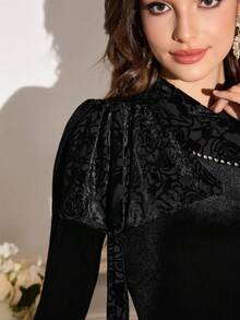 Modelyn Váy nhung đen đính đá lấp lánh thanh lịch dành cho nữ, Thu/Đông - màu đen - Xem 6