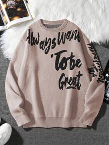 Manfinity Hypemode 男士休闲时尚街头宽松字母图案套头毛衣，秋冬款，长袖上衣 - 卡其色 - 查看 1