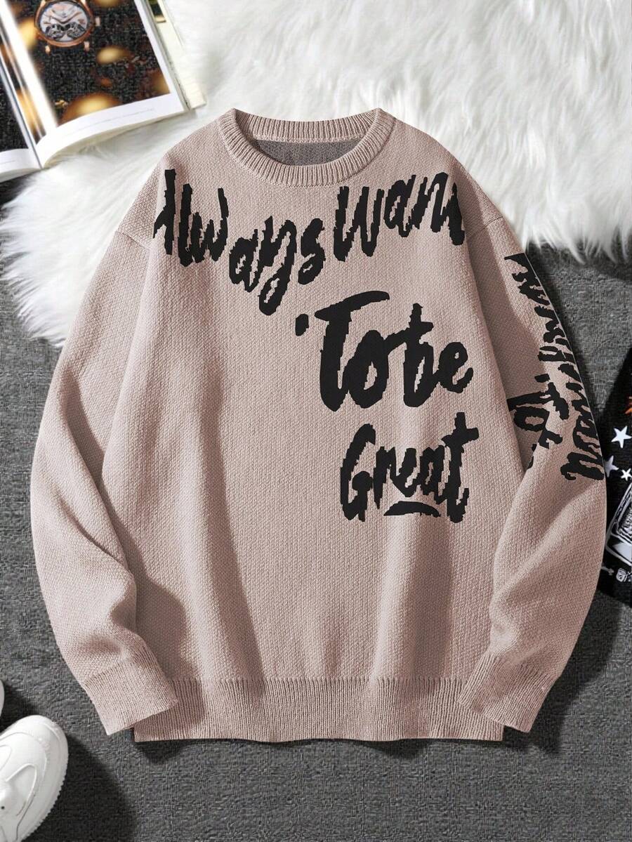 Manfinity Hypemode 男士休闲时尚街头宽松字母图案套头毛衣，秋冬款，长袖上衣 - 卡其色 - 查看 1