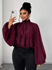 Maweii Áo cánh dài tay xếp ly màu trơn thanh lịch cỡ lớn dành cho nữ - Màu Đỏ Sâu - Xem 1