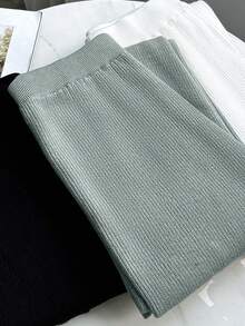 Franclia 女士高腰罗纹针织竖条纹喇叭裤，弹力修身九分裤，秋冬款 - 淺灰色 - 查看 4