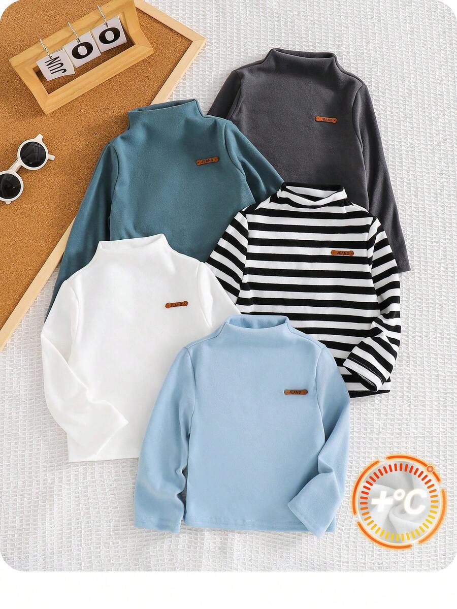 SHEIN Bộ 5 chiếc áo thun tay dài cổ cao dệt kim co giãn họa tiết sọc đen trắng dễ thương cho bé trai/bé gái, thích hợp cho các buổi đi chơi mùa thu/đông - Nhiều màu - Xem 1