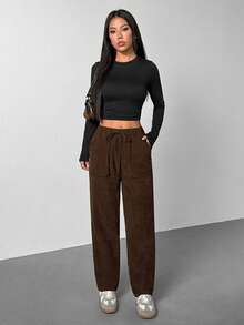 SHEIN PETITE Women's Casual Elastic Waist Corduroy Straight Leg Pants, Autumn Fall Pants Baggy Women Pants - Brown - View 7