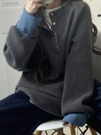 FRIFUL Blusa casual holgada con manga raglán y botones en la mitad del escote para mujer