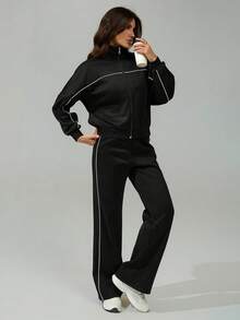 SHEIN Tall Women's Fall/Winter Streetwear Basic Going Out Back To School 2pcs Set Zip Front Long Sleeve Hoodie And Drawstring Waist Pants Casual Suit - Black - View 7