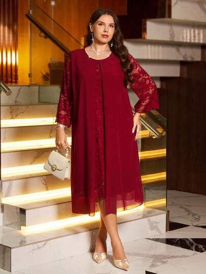 EMERY ROSE Christmas Plus Size Women's Fall/Winter Elegant Party 2 In 1 Lace Patchwork Chiffon Burgundy Red Dress With Pearl Decor, Autumn/Winter,Wine Red Dress,Plus Size Winter Clothes,New Year Dress,Christmas Outfit For Women , Elegant Dresses For Party ,Going Out Outfits,2025 New Clothes,Simple And Fashionable For Everyday Wear, Suitable For Multiple Occasions,Christmas,Winter Dresses For Women ,Fall Wedding Guest Dress, Homecoming Dress ,Hoco Dressses, Date Night Outfits Women,Going Out Dress, Wedding Guest Dress Women,Mother Of The Bride Dresses For Wedding, Formal Dresses For Wedding Guest,Dresses For Wedding Event , Fall Wedding Guest Dress,Wedding Guest Dress ,Lace DressElegant, Civil,Party,2025 New,Elegant Party Dress,Long Party Dress ,Chic Dress ,Women's Formal Wear ,Christmas,Wrap Dress, Christmas,New Year,Thanksgiving,Flowy Dress
