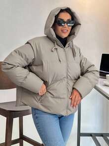 EURMUSE Women's Solid Color Minimalist Oversized Leather Winter Coat - Beige - View 4