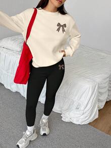 SHEIN EZwear 2pcs/Set Women's Casual Loose Crew Neck Beige Sweatshirt And Black Skinny Leggings,Leopard Print Bow,Autumn Everyday Outfits,Vintage Streetwear,Gym - Apricot - View 5