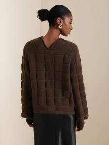 Vesra Cubic Textured Wavy Hem Loose Cardigan - Brown - View 2