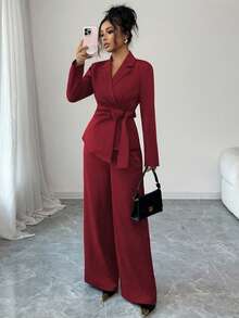 SHEIN Elenzya 女士咖啡棕色双层弹力V领裹胸系带腰身设计优雅职业套装，适合工作、万圣节、办公室、秋季穿着两件套 - 中紫紅色 - 查看 6