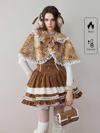 ROMWE Avant Women's Vintage Mori Style Mori Kei Cottagecore Retro Deer Pattern Fluffy Peter Pan Collar Lace Patchwork Ribbon Bow Cloak Jacket