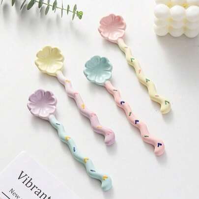 Joivida 1pc Macaron Color Ceramic Long Handle Spoon, Household Dessert Spoon, Stirring Spoon, Coffee Spoon, Ice Cream Spoon, Lovely Floral Shape Christmas Gift,School Supplies