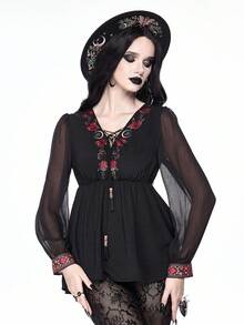 ROMWE Atasan Wanita Model A-Line Leher V Dalam dengan Tali Ikat, Bahan Chiffon Hitam, Lengan Mengembang, Potongan Pas Badan, Motif Bordir Kulit Ular Mawar Retro Gothic dan Bintang Bulan - Hitam - View 5