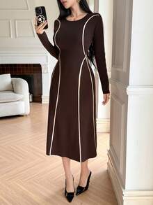 DAZY Women's Elegant Color Block Patchwork Sweater Dress, Autumn/Winter - Brown - View 6