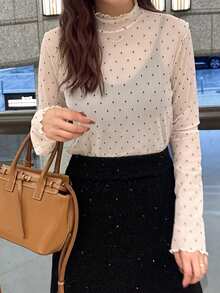 FRIFUL Women's Mesh Sheer High Neck Tee, See-Through Top For Summer - White - View 3