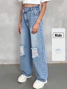 SHEIN ChillGRL Quần jean denim ống đứng, dáng suông, dáng suông, cạp chun cơ bản, thiết kế cạp chun, màu xanh nhạt, quần rách, phù hợp với mọi mùa, chất liệu vải thoải mái - Rửa nhẹ - Xem 8