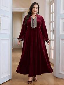 Al Najma Vestido elegante de estilo árabe con decoración de cinta para mujer de talla grande - Burdeos - Ver 3
