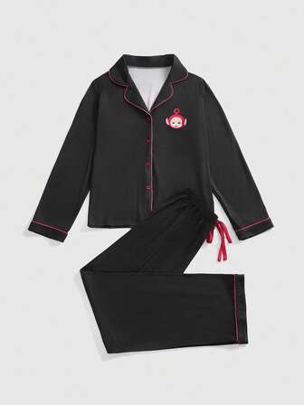 Teletubbies X ROMWE Conjunto de pijama con top de manga larga con botones y pantalones con estampado de dibujos animados y ribete de contraste