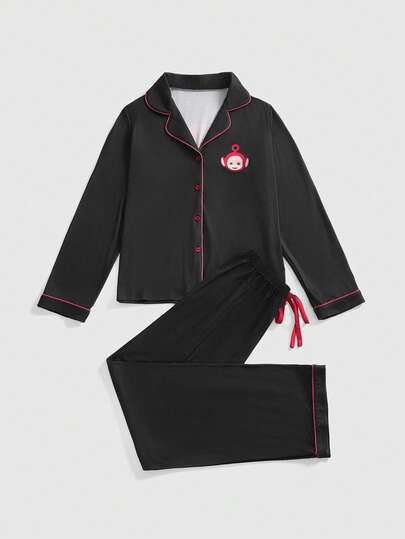 Teletubbies X ROMWE Cute Contrast Trim Cartoon Pattern Button Front Long Sleeve Top And Pants Pajama Set