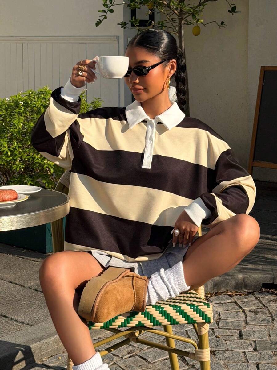 SHEIN EZwear 女士条纹针织休闲T恤，学院风 - 杏色 - 查看 1
