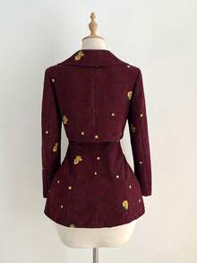 Elamini Bộ 2 món: Váy ống thanh lịch họa tiết nhung thêu và áo khoác dài tay - Màu Đỏ Sâu - Xem 2