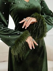 Al Najma Women's Elegant Party Velvet Beaded Decor Flare Sleeve Dress Winter Dress Women - Green - View 6