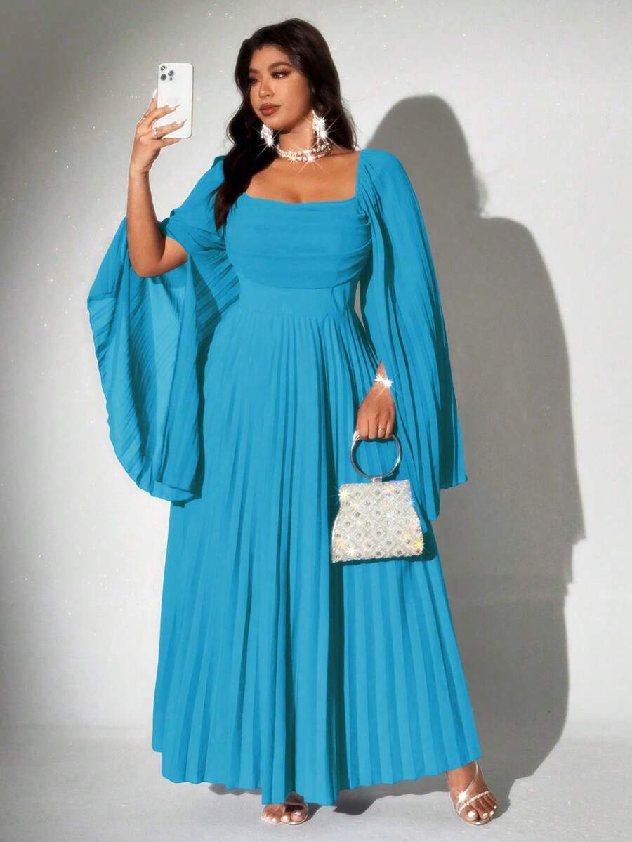 Viva Relle Váy dài tay xếp ly voan lãng mạn thanh lịch cỡ lớn cho nữ - Màu xanh ngọc - Xem 1