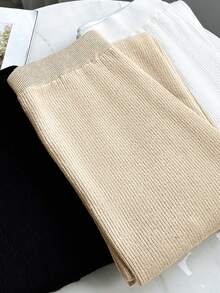 Franclia 女士高腰罗纹针织喇叭裤，竖条纹，弹力面料，修身剪裁，九分裤长，秋冬款 - 米色 - 查看 5