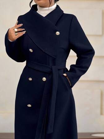 Roveilla Plus Size Women's Solid Color Tie Waist Double-Breasted Long Sleeve Elegant High-Quality Romantic Long Woolen Coat Winter Coat Women Coats Outerwear Women Trench Coat Women Navy Blue Coat Jacket For Women Blazer Coat