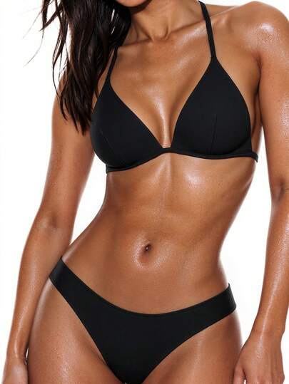 Swim Basics Solid Color Halter Twist Front Bikini Set