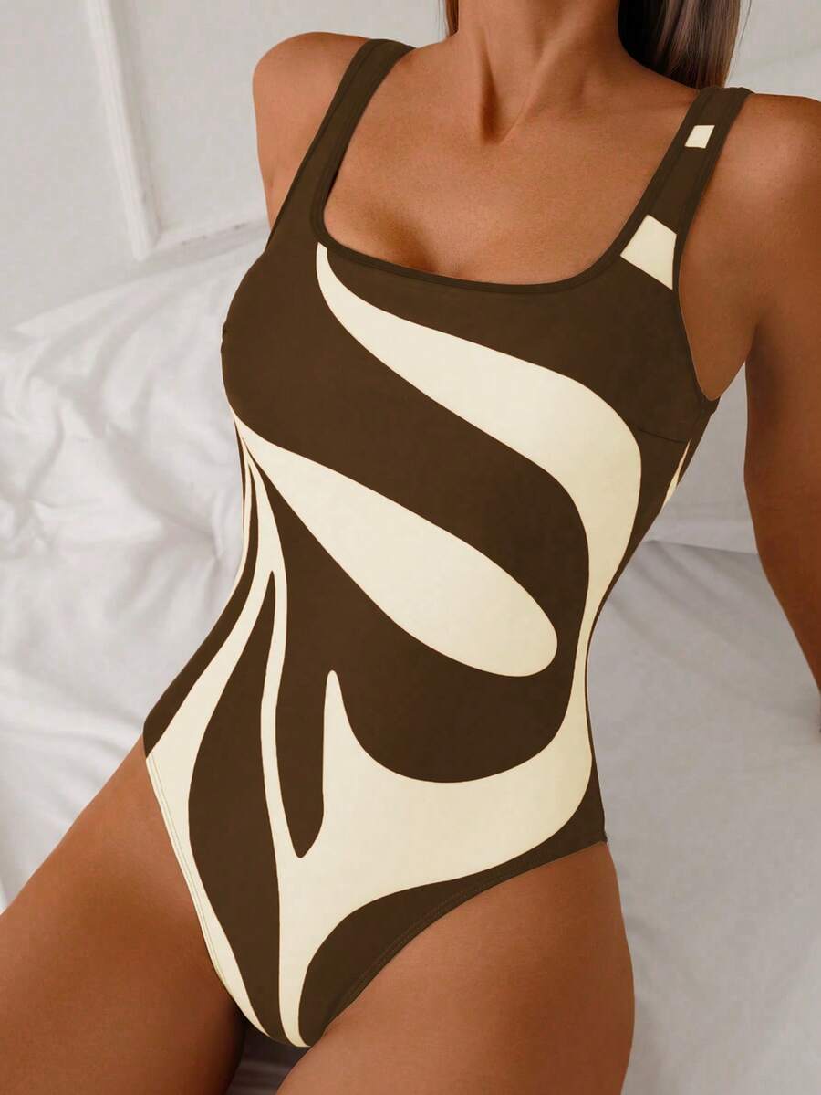 SHEIN Swim 女士连体露背泳衣，花卉印花时尚沙滩装，优雅休闲的度假装 - 彩色 - 查看 1