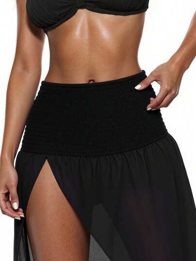 Jupe cache-maillot avec taille froncée et fente haute, style plage d'été pour femmes, couleur unie