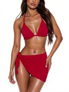 Swim Basics Conjunto de bikini de 3 piezas de unicolor 2025, para vacaciones y playa - Rojo - Ver 3