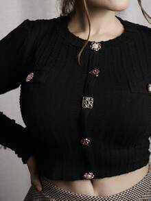 Lupita Cardoza Black Elegant Round Neck Metal Button Bell Sleeve T-Shirt, Autumn T-Shirt, Layer T-Shirt, Long Sleeve T-Shirt, Sexy Black Top, Costume For Women - Black - View 6