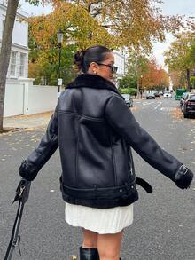 NegzBox Jachetă de motocicletă largi, căptușită cu lână de miel, piele PU, stil nou, haină groasă de iarnă pentru femei Jachetă de aviator din piele artificială cu căptușeală Borg  - Negru - Vizualizare 2