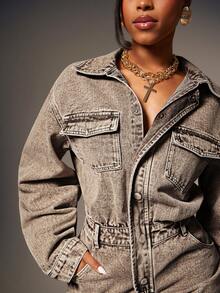 Denimoi 束腰牛仔布翻盖口袋按扣牛仔迷你连衣裙 - 摩卡棕 - 查看 4