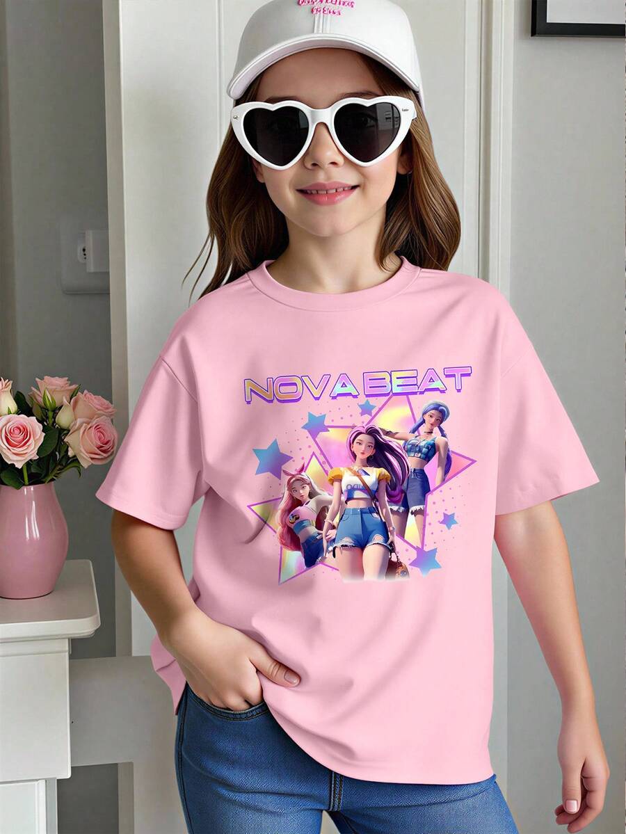 可爱卡通人物印花圆领T恤,适合青少年女孩日常穿着,户外休闲皆宜,春、夏、秋、冬四季皆可穿着。 - 粉色 - 查看 1