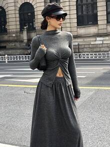 DAZY Women's Chic Grey Autumn Everyday 2 Pieces Set,Twist Knot High Slit Stand Collar Fitted Tee & A-Line Skirt,Casual Business Lounge Sets For Women - Dark Grey - View 3