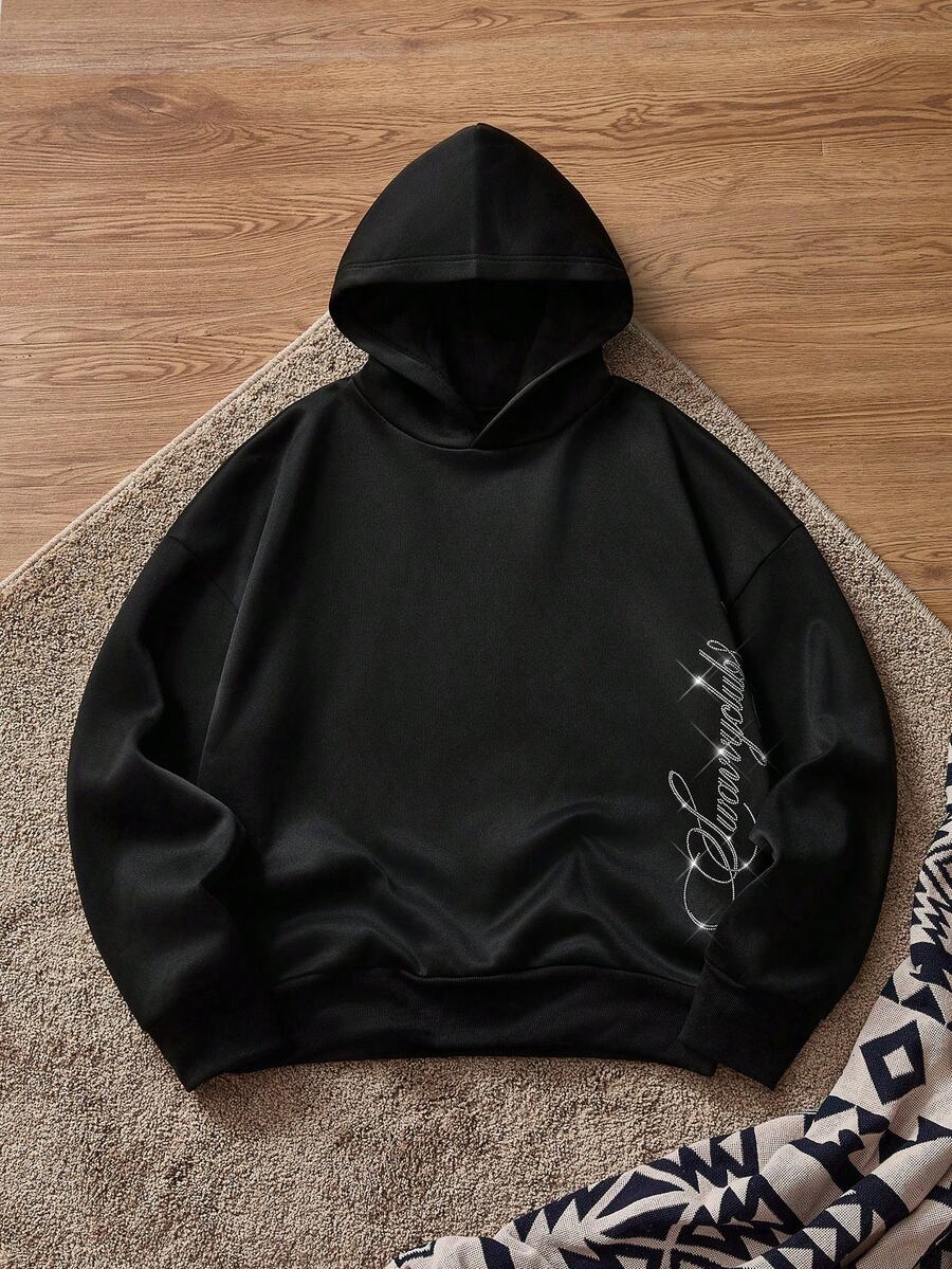 SWAVVY Áo hoodie dài tay trễ vai thời trang đa năng, rộng rãi, đính đá Rhinestone trang trí cho nam - màu đen - Xem 1