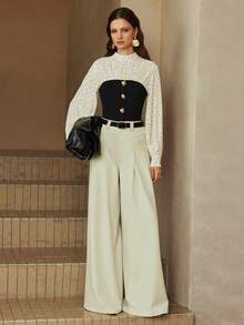 Arave 女士修身褶皱胸部金属纽扣拼接设计休闲通勤上衣 - 黑與白 - 查看 3