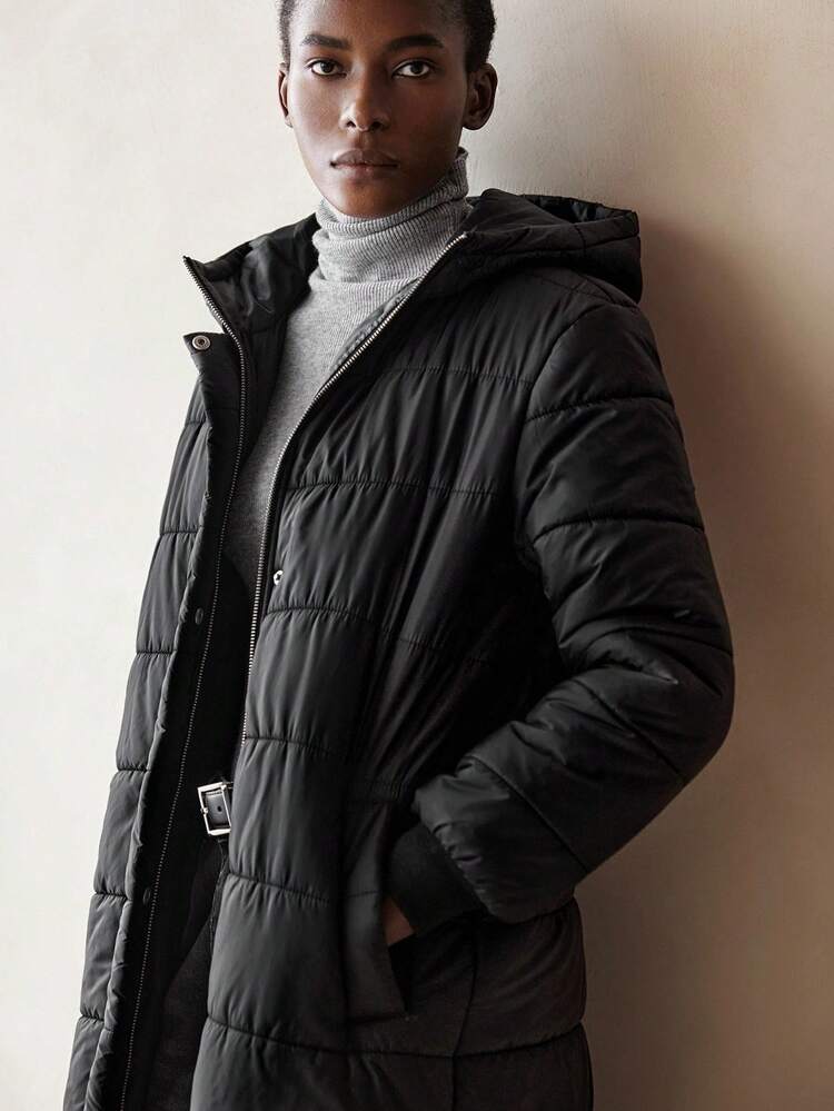 SHEIN Maija Black Striped Hooded High Collar Long Padded Coat, Adjustable Elastic Drawstring And Snap Closure On Hood, Ribbed Cuffs, Side Pockets, Comfortable Mid-Length Padded Coat For Women, Casual Urban Versatile Autumn Winter Clothes For Women Stylish Clothing Collection
