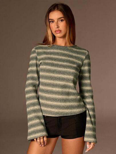 SHEIN Forever 21 Women's Striped Casual Round Neck Long Sleeve T-Shirt