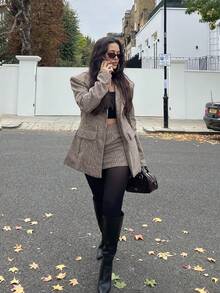 NegzBox Retro Chic Commuting Brown Plaid Suit Set - Cinched Waist Blazer Jacket + Low Waist Skirt 2 Pieces Set (Including Shoulder Pads) In Fall/Winter - Multicolor - View 1