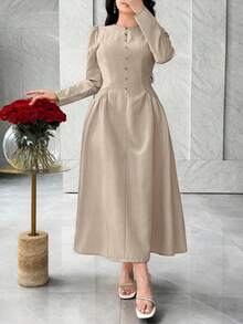 Feyla Vestido elegante de estilo francés con bolsillos que ciñen la cintura, minimalista y elegante que estiliza la figura - Caqui - Ver 5