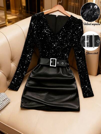 GlowEve Women's Elegant Sequin & Faux Leather Patchwork Ruched Bodycon V-Neck Dress, Slimming Fit, Autumn/Winter